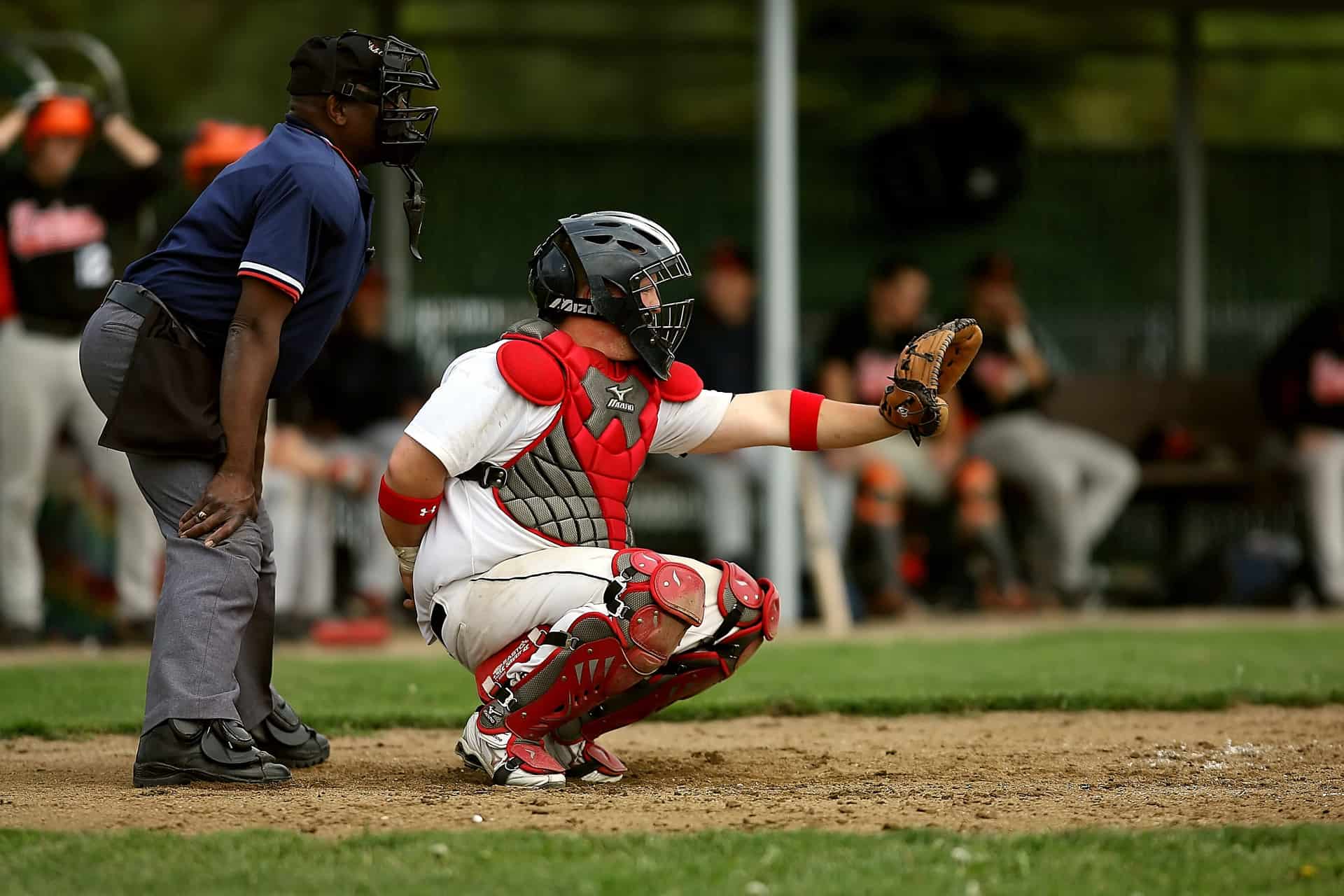 Illustrative stock photo: a catcher and umpire in position during a game on a grass field